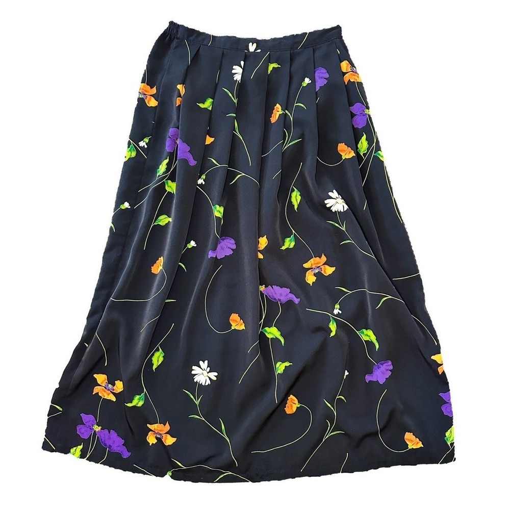 VTG Maren Floral Maxi Skirt M Black Pleated High Waist USA Poppies Garden Whimsy